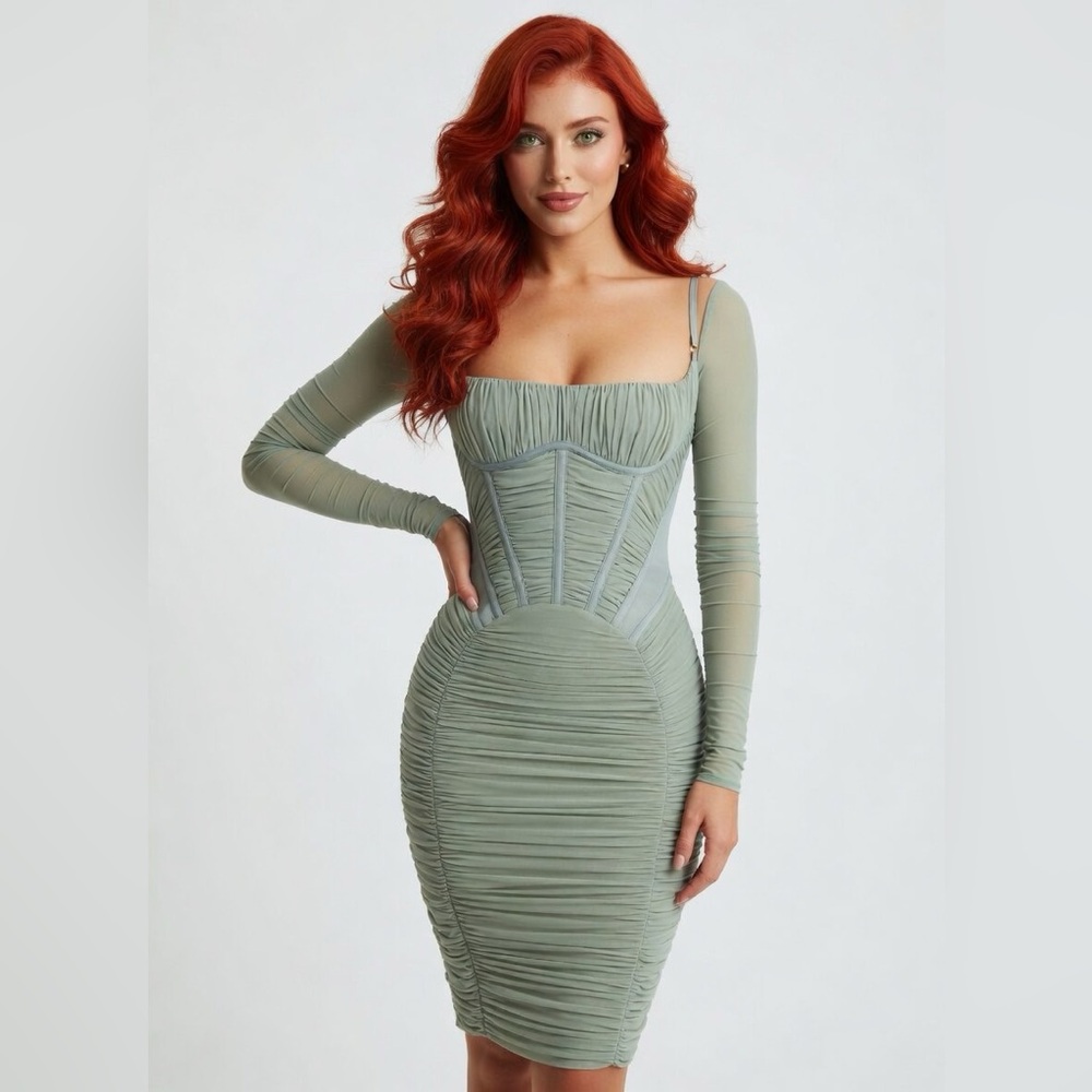 House of CB Freyja Satin Ruched Long Sleeve Body-Con Dress - Sage Green XS NWT